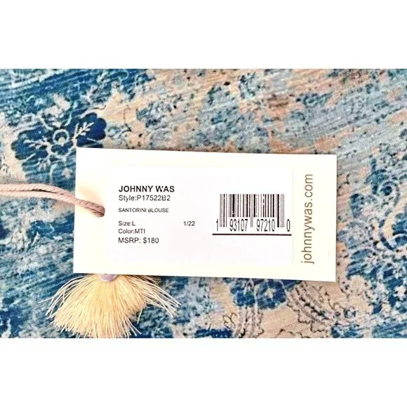 Johnny Was Santorini Blouse Silk Pete Greta Women Size Large Blue Short Sleeve - Picture 6 of 7